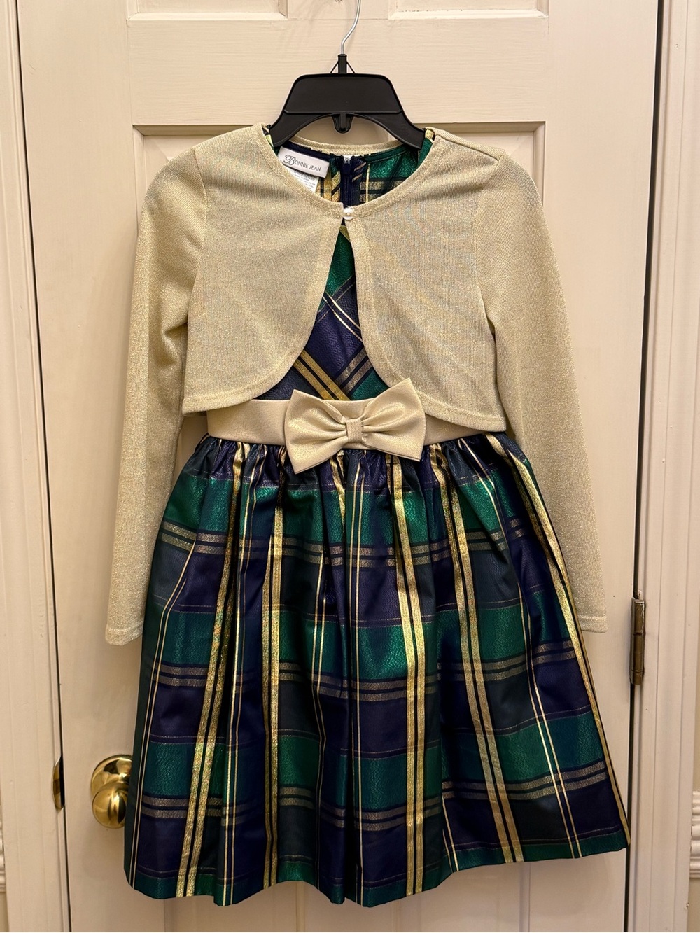 Bonnie Jean Girls Plaid Holiday Dress & Gold Shrug Size 10